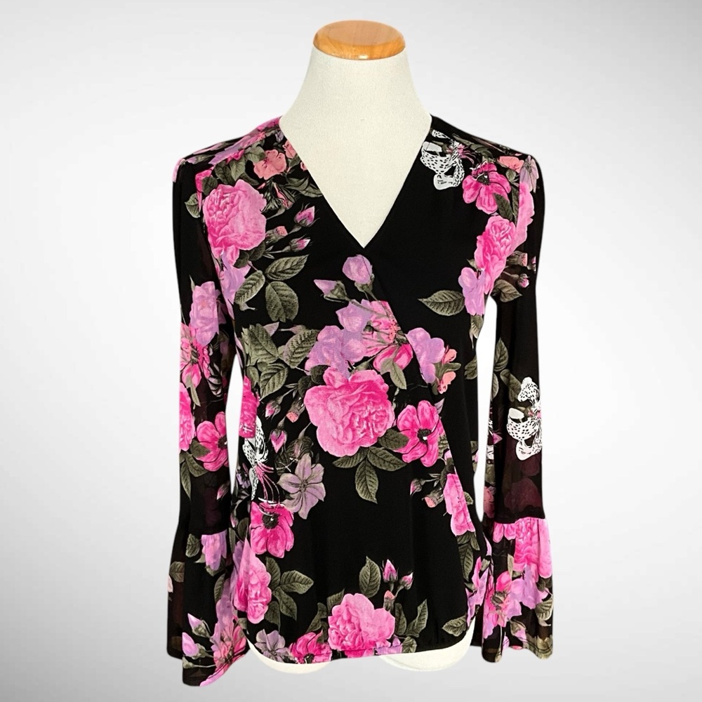 INC International Concepts Nylon Floral Peasant Blouse Bell Sleeves
